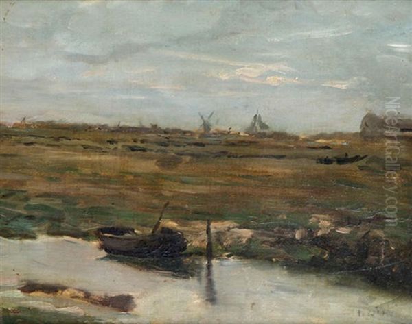 Chaloupe Au Bord De L'eau, Un Moulin A Vent A L'arriere-plan - view 1