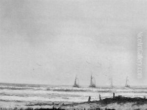 Vessels Off A Coastline by Louis Artan De Saint-Martin