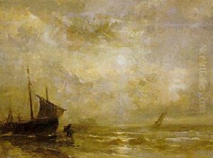 A Coastal Scene With Sailing Vessels by Louis Artan De Saint-Martin