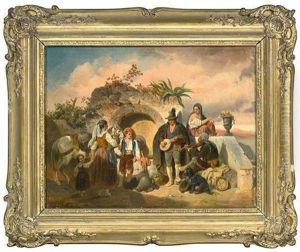 Campagnalandschaft Mit Landleuten Und Musikanten Am Brunnen by Mathias Artaria