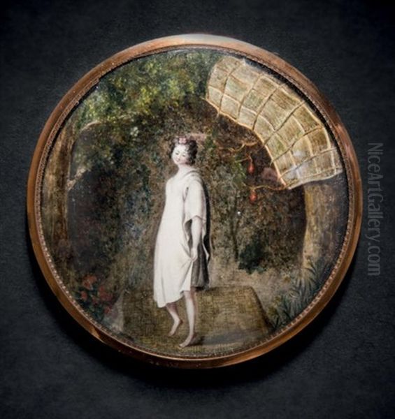 <la Danseuse Hindoue>, Une Grande Jeune Femme En Pied Vetue D'une Simple Robe De Voile Blanc Et Vue Dans Une Perspective De Jardin Oriental, Une Fleur D'orchidee Dans Les Cheveux - view 1