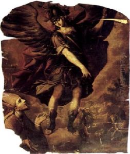 The Archangel Michael Appearing To The Bishop Of Sipontus, The Shooting Of The Bull On Monte Gargano Beyond by Sebastian De Arteaga