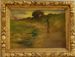 Flock Of Geese With Shepherdess by Charles John Arter