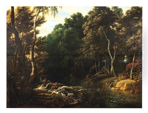 A Wooded Landscape With A Boar Hunt - view 1
