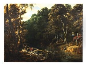 A Wooded Landscape With A Boar Hunt by Jacques d' Arthois