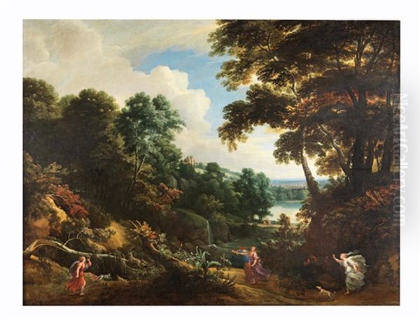 A Wooded Landscape With Diana And Her Nymphs Hunting A Stag - view 1