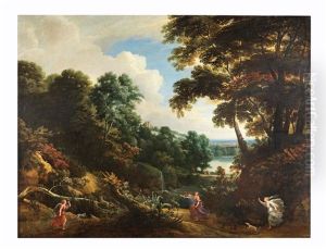 A Wooded Landscape With Diana And Her Nymphs Hunting A Stag by Jacques d' Arthois