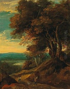 A Hilly, Tree-clustered Landscape With Travellers A Hilly, Tree-clustered Landscape With Travellers