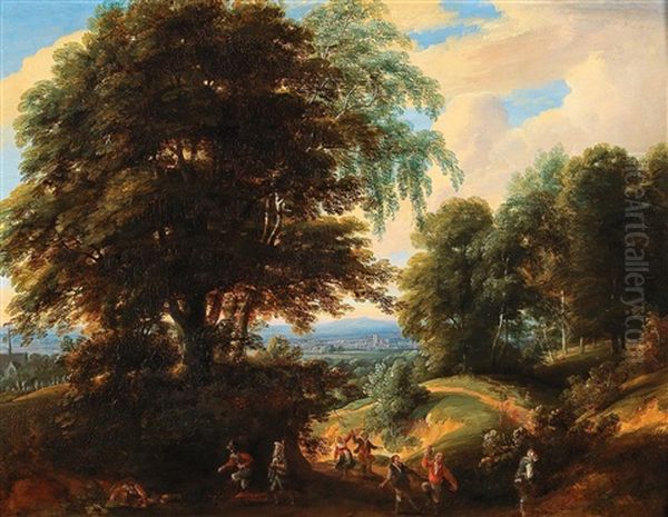 A Wooded Landscape With Villagers Celebrating - view 1