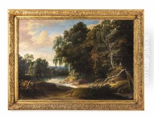 Waldlandschaft Mit Gewasser Und Durchblicken Auf Schloss Und Kirche Mit Personenstaffage by Jacques d' Arthois