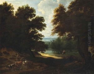 A Wooded River Landscape With A Drover And His Herd On A Track, And A Huntsman Shooting Ducks