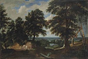An Extensive Wooded Landscape, With The Conversion Of Saint Hubert In The Foreground