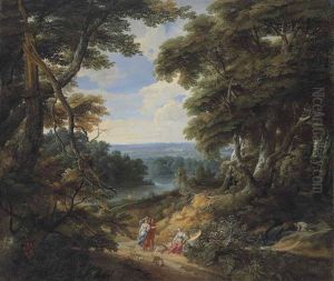A Wooded Landscape With Figures And A Dog On A Path, With A River And A Castle In The Distance by Jacques d' Arthois