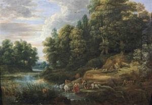A Wooded River Landscape With Shepherds And Their Flock Resting thumbnail