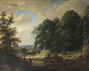 A Forest Landscape With Figures Making Music And Singing To An Elegant Company, A Village Beyond