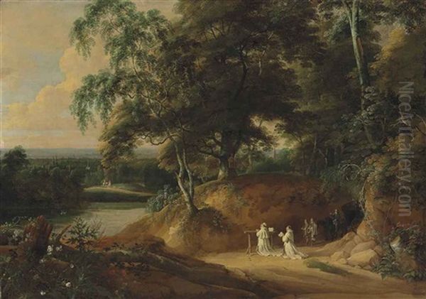 An Extensive Wooded Landscape With Carthusian Monks Praying In The Foreground - view 1