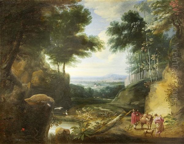 Figures And Cattle On A Track In A Wooded Landscape, With Heron By A Pond - view 1