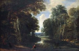A Wooded River Landscape With A Hunter On A Path by Jacques d' Arthois