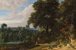 Bewaldete Hugelige Landschaft Mit Einem Rastenden Reisenden Und Einer Abtei Im Hintergrund