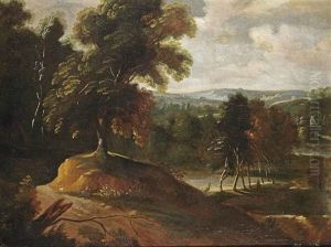 A Wooded Landscape With A Figure Walking Up A Hill, A Church Beyond by Jacques d' Arthois