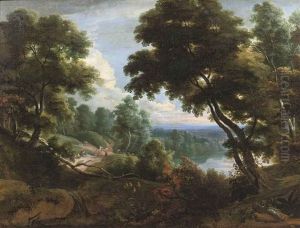 A Wooded River Landscape With Figures Conversing On A Track by Jacques d' Arthois