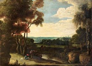 An Extensive Landscape With Figures Resting Beside A River