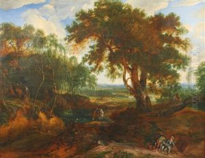 Personnages Traversant Un Paysage Boise by Jacques d' Arthois
