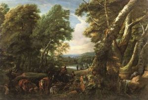 A Wooded Landscape With Shepherds And Cattle Resting Near A Lake by Jacques d' Arthois