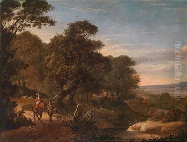 Bewaldete Landschaft Mit Einem Reiter, Seinem Jagdgehilfen Mit Hunden - view 1