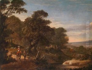 Bewaldete Landschaft Mit Einem Reiter, Seinem Jagdgehilfen Mit Hunden by Jacques d' Arthois