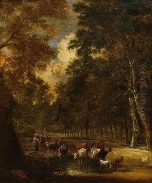 Two Figures With Cows In A Wooded Landscape - view 1