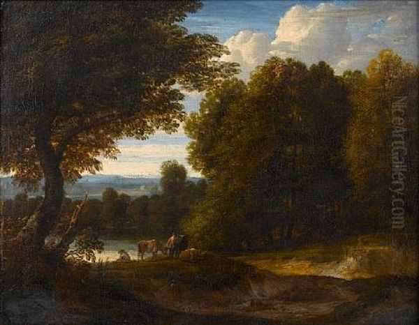 A Wooded Landscape With A Drover And His Cattle Beside A River - view 1