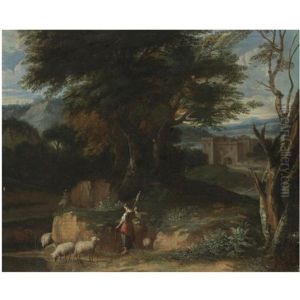 A Wooded Landscape With A Shepherdess Tending Her Flock, A Castle Beyond A Wooded Landscape With A Shepherdess Tending Her Flock, A Castle Beyond