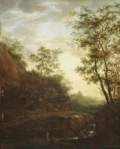 Gebirgslandschaft Mit Anglern Und Wanderern
