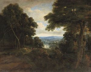 An Extensive Wooded Landscape With Travellers On A Path by Jacques d' Arthois