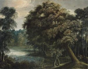 An Extensive Wooded River Landscape With A Hunter In The Foreground by Jacques d' Arthois
