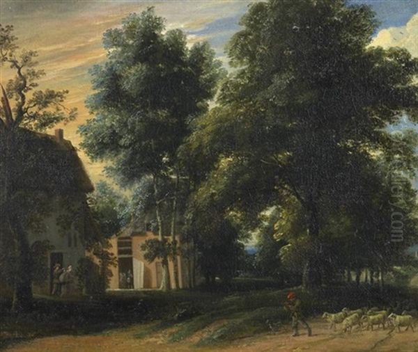Heimkehr Am Abend. Bauerliche Siedlung Am Wegesrand. Rechts Flote Spielender Hirte Mit Seiner Schafherde (in Collab. W/david Teniers The Younger) - view 1