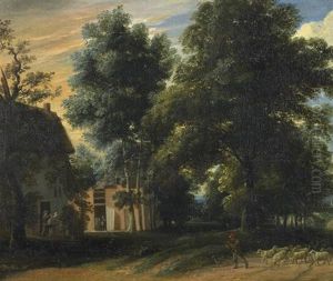 Heimkehr Am Abend. Bauerliche Siedlung Am Wegesrand. Rechts Flote Spielender Hirte Mit Seiner Schafherde (in Collab. W/david Teniers The Younger)