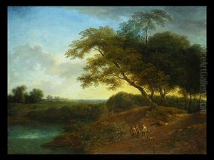 Landschaft Mit Weiher Und Drei Personen Mit Hund by Jacques d' Arthois