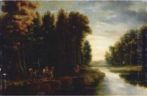 A Wooded River Landscape With Soldiers And Travellers On A Path by Jacques d' Arthois