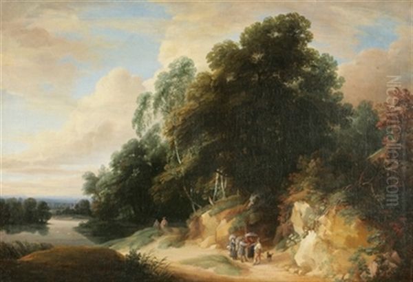 Lisiere De Foret Avec Voyageurs Et Chasseurs - view 1