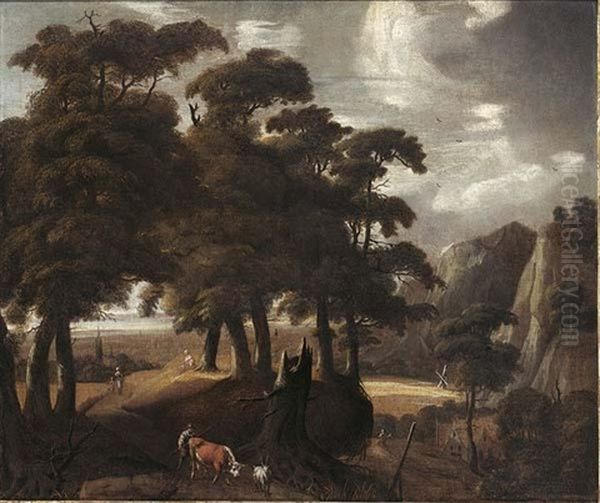 A Wooded Landscape With A Peasant And His Herd - view 1
