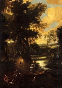 Vornehme Jagdegesellschaft Auf Waldweg, Im Hintergrund Weiher by Jacques d' Arthois