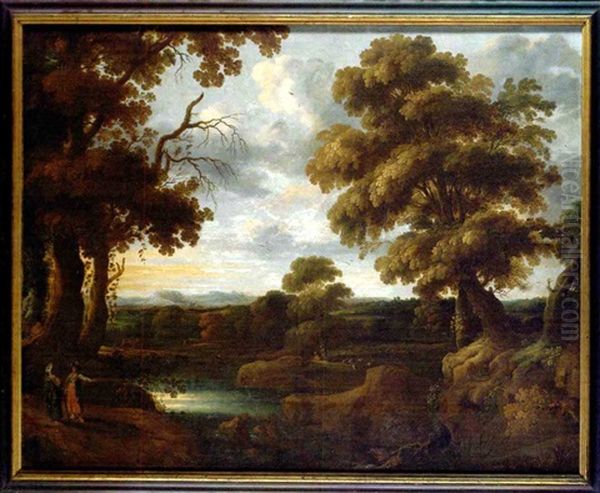A Wooded River Landscape With Exotic Figures Gesturing And Shepherds, Mountains Beyond - view 1