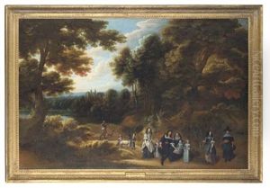 Group Portrait Of A Family In A Wooded Landscape With A Lake And Castle Beyond (collab. W/gillis Van Tilborgh) by Jacques d' Arthois