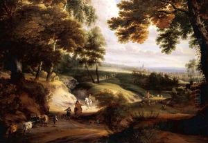 A Wooded Landscape With Hunstmen, Drovers And Cattle On A Track In The Foreground, A Church In The Distance