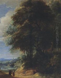 A Wooded Landscape With Two Travellers Conversing On A Path by Jacques d' Arthois