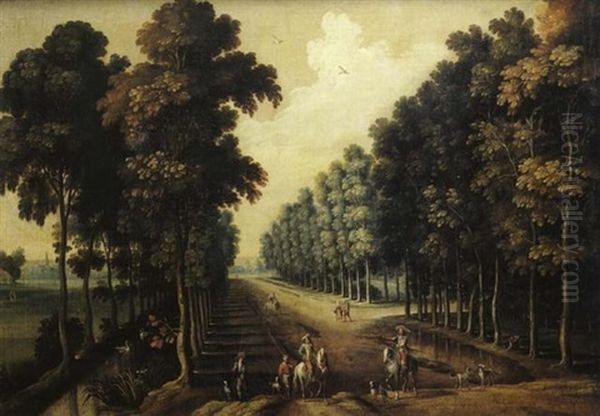 Cavaliers Dans Une Allee Bordee D'arbres - view 1