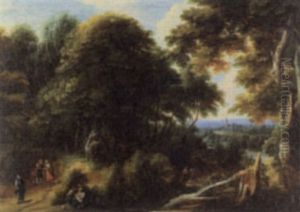 Extensive Landscape With Travelers And A Town In A Distance by Jacques d' Arthois