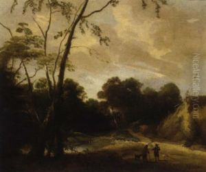 A Wooded River Landscape With Peasants Conversing On A Path by Jacques d' Arthois